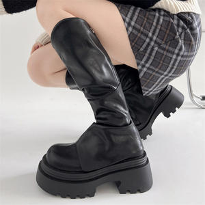 Maigre britannique à lacets imperméable à semelle épaisse bottes longues pour femmes 2025 nouveau automne/hiver rétro hauteur augmentant col en v chevalier - Product Image 4