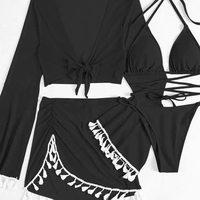 Boho zwarte bikini-set met strik aan de voorkant, top met wijde mouwen en sarong met kwastjes, 4-delig