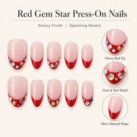 H005-14 Kaixin Faux Ongles Courts Amande à Coller, Effet Nude Transparent, French Manucure Rouge avec Strass Étoile, Faux Ongles Brillants