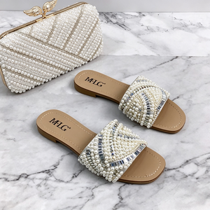 Ensemble de sac à main et sandales plates de luxe pour femmes, orné de perles et de strass, élégant pour les soirées, les mariages et les fêtes - Product Image 3