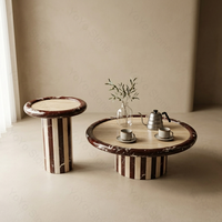 Ensemble de tables basses en travertin beige Rosso Levanto de luxe, table basse ronde moderne à piétement en marbre rayé pour salon