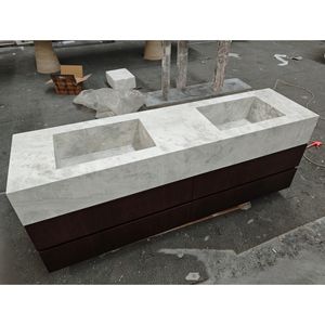 SH STONE Natur weiß Marmor Arbeits platte Eitelkeit Moderne Wohnung Villa Badezimmer Kunden spezifische Doppel waschbecken Waschbecken Holz sockel - Product Image 1