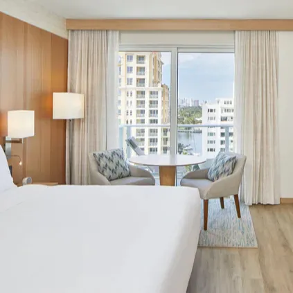एसी होटल मैरियट द्वारा विशाल अतिथि कमरे के साथ दो रानी-आकार बेड सुविधा आधुनिक सुविधाओं सहित बेडसाइड यूएसबी बंदरगाहों