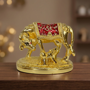 <b>Gold</b> Plated Cow Calf <b>Statue</b> Traditional Handmade Animal Figure Decor for Living Room Tabletop Display - Product Image 3