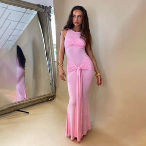 เดรสแฟชั่นเซ็กซี่สไตล์ยุโรปและอเมริกา คอลเลคชั่นฤดูใบไม้ผลิ-ฤดูร้อน ปี 2025 คอทรงโอ แขนกุด ผูกเชือก จับจีบ ทรงเข้ารูป ยาว สำหรับงานกลางคืน - Product Image 2