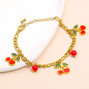 Conjuntos de joyería de moda de acero inoxidable 18K chapado en oro borla cereza encantos pulsera cubana - Product Image 1