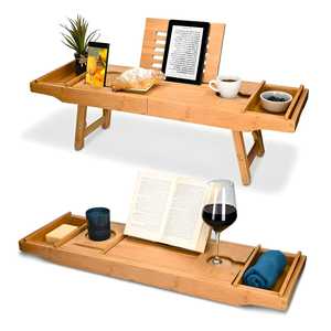 Plateau de bain extensible en bambou 75x23x5 cm avec pieds pour la lecture et la relaxation - Product Image 1