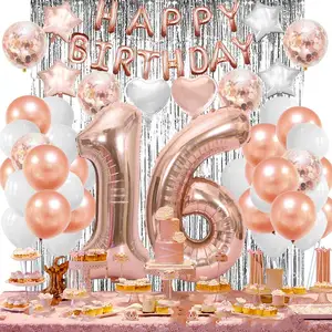 Pafu 玫瑰金甜蜜 16 岁生日派对用品生日快乐铝箔气球横幅数字 16 气球生日礼物女童