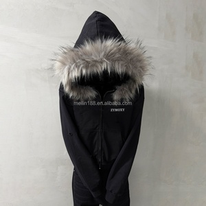 Custom Design Detachable <b>Fur</b> <b>Hoodie</b> Zip up Blank Plain 400gsm 100% Cotton Oversized Distressed <b>Faux</b> <b>Fur</b> <b>Hoodie</b> Manufacturer - Product Image 1