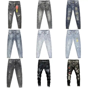 Pantalones de mezclilla de punto de algodón orgánico finos casuales para <span class=keywords><strong>hombre</strong></span>, de cintura alta, corte recto medio, con bordado de agujeros <span class=keywords><strong>rotos</strong></span>, formales para hombres jóvenes - Product Image 1