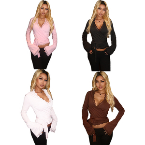 Nouveau T-shirt ajusté à manches longues pour femme, couleur unie, col en V sexy, avec dentelle et liens à nouer, style Y2K, pour le printemps et l'automne, hauts basiques quotidiens - Product Image 6
