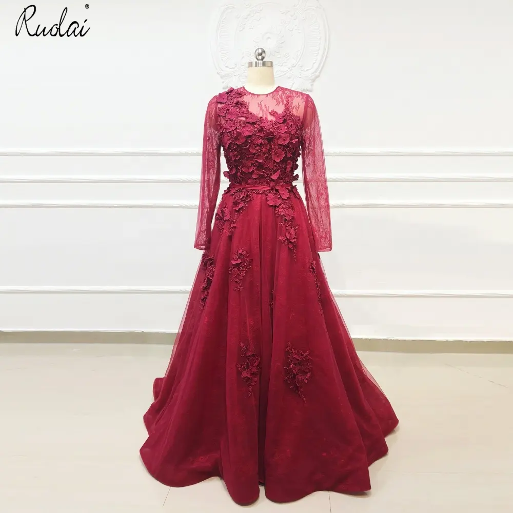 OEV-L4148 Новое поступление кружевной топ «Замочная скважина»; Красные платья для женщин вечернее платье трапециевидной формы с длинным рукавом вечернее платье