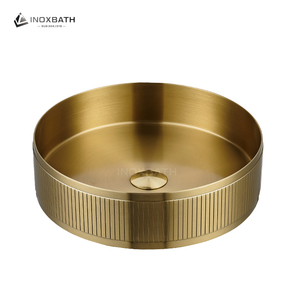 Lavabo da Appoggio Rotondo con Motivo a Righe in Acciaio Inox 304 Dorato per Casa, Hotel, Ristorante, Bagno - Product Image 2