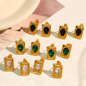 Elegante Juego de Collar Geométrico Verde Esmeralda, Acero Inoxidable, Chapado en Oro de 18K, Joyería de Fiesta para Mujer - Product Image 2