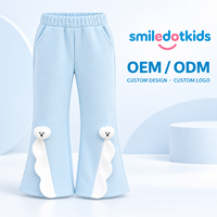 Pantalon évasé personnalisé Smiledotkids pour enfants, bleu clair, avec applique ours et nuage 3D, taille élastique, OEM ODM, vente en gros pour tout-petits