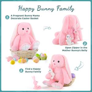 Mainan mewah kelinci merah muda Mama Paskah besar 20 inci dengan 2 mainan bayi kelinci telinga panjang boneka hewan hadiah Paskah anak-anak - Product Image 4