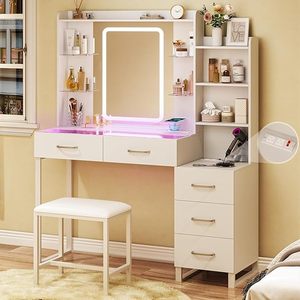 Table de toilette au design moderne, meuble de salon, table de maquillage avec miroir LED, table de toilette avec tiroir de rangement - Product Image 1