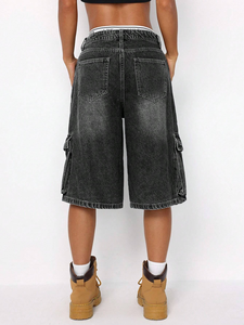 Custom Women <strong>Ladies</strong> Streetwear Trousers Denim <strong>Jeans</strong> Baggy Mid Length <strong>Pants</strong> Casual Everyday Denim <strong>Shorts</strong> With Pocket Design - Product Image 2
