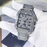 Montre de luxe pour homme, entièrement sertie de diamants, avec boîtier carré en cristal de saphir VVS, mouvement mécanique, en acier inoxydable, personnalisée et entièrement incrustée de pierres.