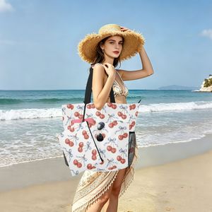 Bolsa de Playa Personalizada con Estampado de Cerezas, Bolsa de Mano Impermeable al por Mayor, Bolsa de Hombro Grande con Cremallera y Bolsa Pequeña a Juego para Mujeres y Niñas - Product Image 1