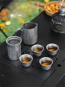 طقم شاي من الفولاذ المقاوم للصدأ 304 للاستخدام الخارجي، مجموعة محمولة لصنع الشاي أثناء السفر والتخييم وشرب الشاي والطهي على الموقد، أدوات وأكواب الشاي - Product Image 2