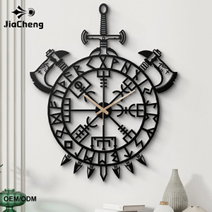 Reloj de Pared Metálico Vikingo Multiestilo Vegvisir con Runas Nórdicas, Mjolnir, Cuervos, Barco de Guerra y Hachas, Cortado con Láser, Recubrimiento en Polvo, Personalizable - Product Image 1