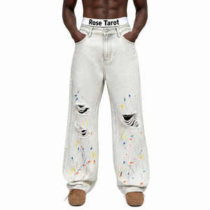 Nouveau <span class=keywords><strong>pantalon</strong></span> en jean tendance de marque, coupe droite ample, <span class=keywords><strong>blanc</strong></span> délavé, de haute qualité, avec trous et motif graffiti - Product Image 3