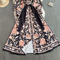 Robe élégante pour femmes, imprimé floral bleu, manches longues, col chemise, coupe évasée, décontractée, avec ceinture, pour tous les jours, robes pour femmes, élégante