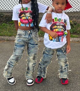 Nuovo Designer Vintage lavato impilato alla moda vestiti Patchwork Jeans in Denim stracciati pantaloni e t Shirt set di abbigliamento per bambini - Product Image 1