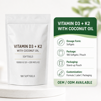 Capsules de vitamine D3 K2 avec huile de coco, 180 unités, 10000 UI D3, 200 mcg K2, faible teneur en matières grasses et en sucre, OEM/étiquette privée pour adultes