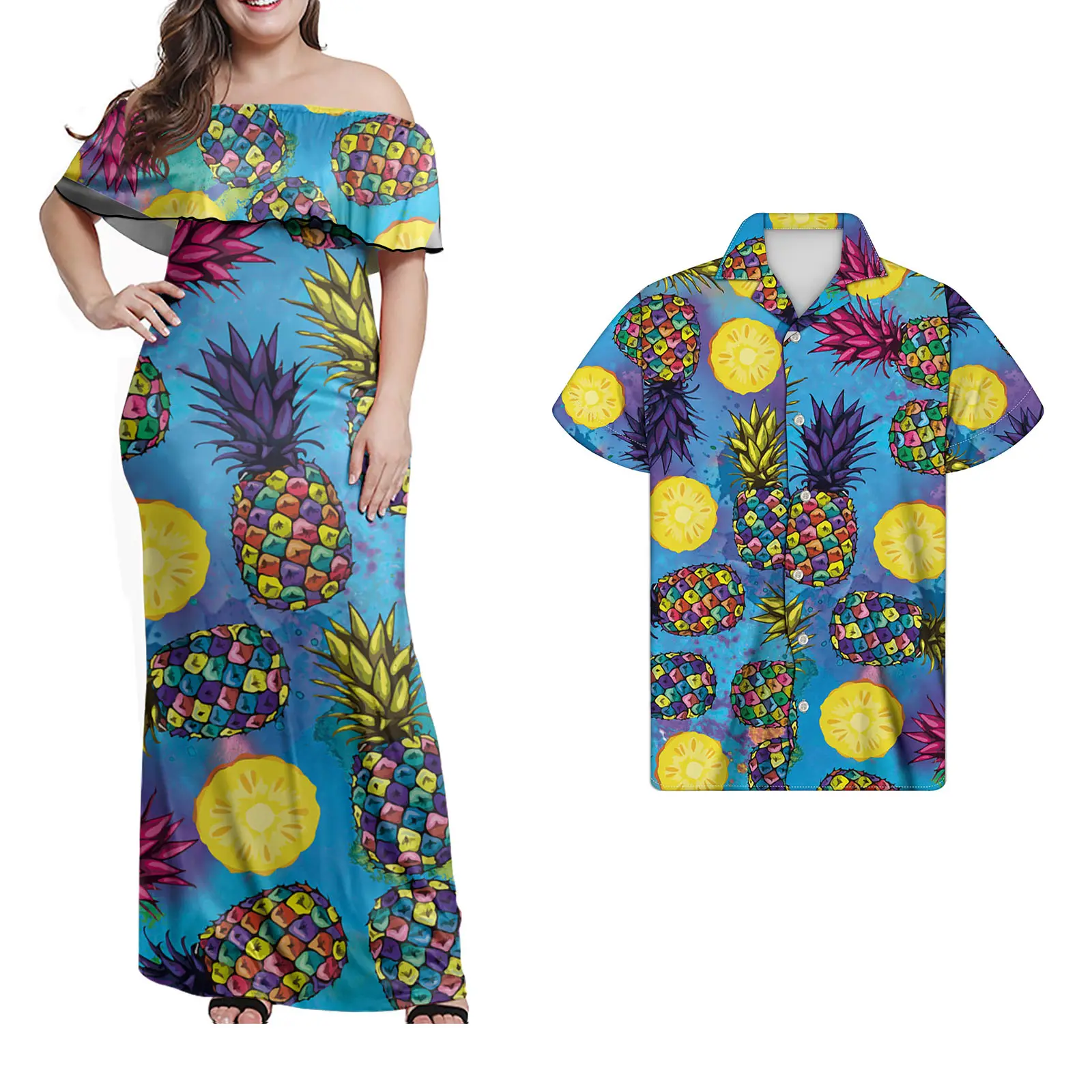 Hawaiian Style Colorful Pineapple Couple Clothes Elegant Casual Dresses Off Shoulder Maxi Dress and Casual Men Shirts Summer