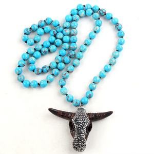 Collar con colgante de cabeza de calavera de Toro de resina marrón para mujer, joyería Bohemia, piedras largas anudadas hechas a mano - Product Image 5