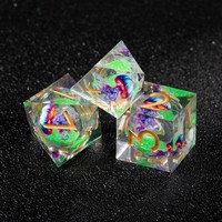 Ensemble de 7 dés en résine époxy verte faits à la main avec fleurs violettes et chiffres dorés D6 D12 D20 pour jeux de rôle D&D