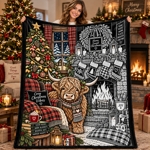 Manta de Peluche para Colorear DIY con Diseño de Vaca Highland Navideña y Patrón Festivo, con Diseño de Chimenea Acogedora para Uso Doméstico - Product Image 5