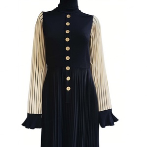 เดรสไหมพรมถักทรงเข้ารูป คอทรงกลม แขนยาวตัดสี ดีไซน์ใหม่ แฟชั่นผู้หญิง คุณภาพสูงแบบ OEM พร้อมกระดุมปิด - Product Image 3