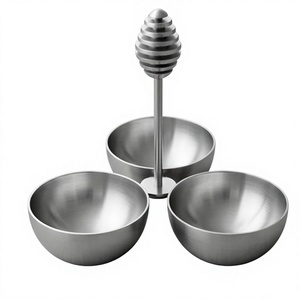 Stainless Steel 3 Bowl Serving <b>Set</b> With Central <b>Honey</b> Dipper Serving Platter Dry Fruit Nut Chocolate Dish - Product Image 3
