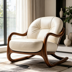 Fauteuil <span class=keywords><strong>de</strong></span> loisirs Loop Sled Base avec structure en bois massif et accoudoirs courbes, coussin en cuir crème capitonné <span class=keywords><strong>pour</strong></span> coin <span class=keywords><strong>de</strong></span> fenêtre <span class=keywords><strong>de</strong></span> style Mid-Century - Product Image 4