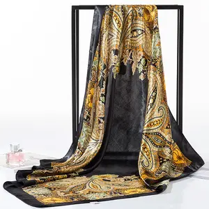 Moda elegante 90*90CM grande colorido satén estampado cuadrado bufanda seda Hijabs bufandas para damas mujeres