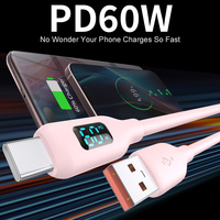 Câble USB-A vers Type-C à charge rapide 60W avec écran LED numérique en silicone souple, fourni par l'usine, pour iOS, avec garantie de 12 mois