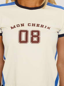 T-shirt à manches courtes pour femme, style Y2K vintage, coupe ajustée, motif imprimé <span class=keywords><strong>Mon</strong></span> Cherie 08, col rond, avec panneaux latéraux rayés, streetwear décontracté - Product Image 4