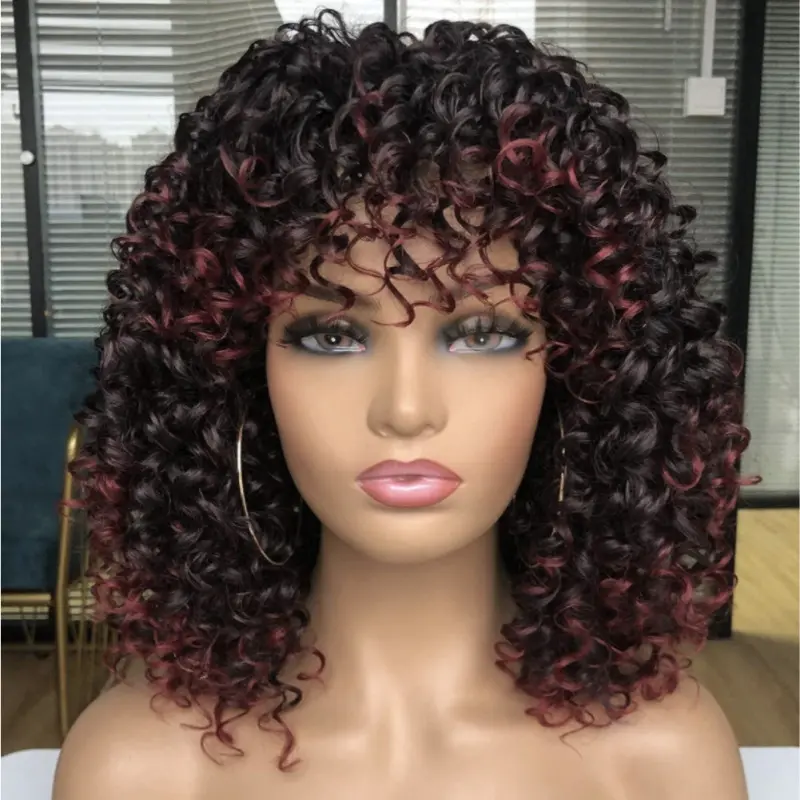 Great quality natural Short brown synthetic Curly Wavy wig with bangs