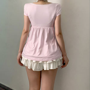 Camiseta de Mujer Estilo Dulce INS con Parches de Encaje y Estampado de Lunares Rosas, Cuello en V, Lazo Delantero, Manga Corta, Estilo Babydoll - Product Image 6