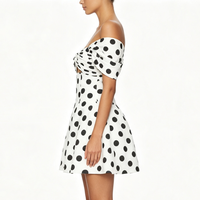 Gaun Mini Wanita Polkadot Off Shoulder dengan Potongan Pinggang Twist Front, Gaun Pesta Musim Panas, Custom OEM ODM Grosir