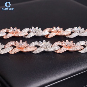 Collar de eslabones cubanos floral bicolor rosa y plateado con micro pavé de piedras redondas, joyería llamativa estilo hip hop para raperos, directo de fábrica - Product Image 4