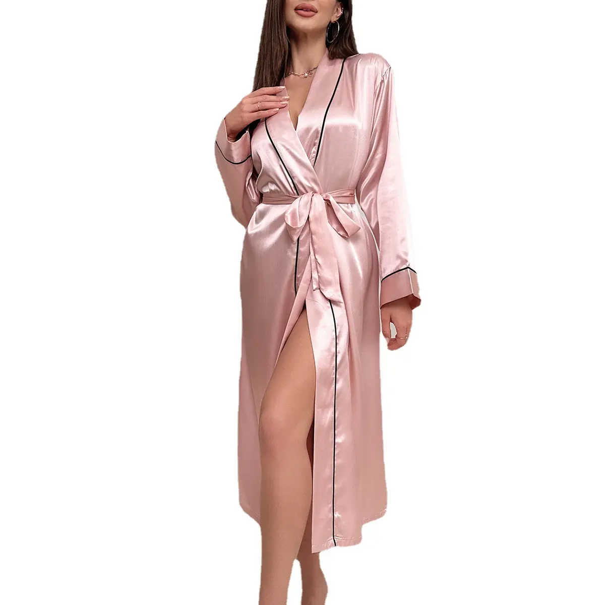 Lüks kadın uzun kollu saten pijama robe yaz gecelik pijama ilkbahar ve sonbahar için pürüzsüz kumaş
