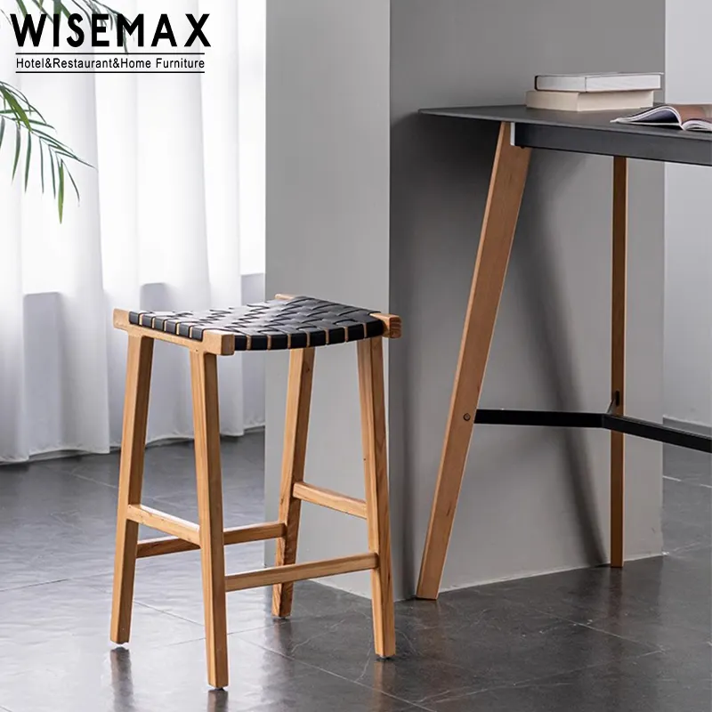 WISEMAX FURNITURE Tabouret de bar minimaliste en bois massif à pieds hauts Mobilier de maison et de restaurant Chaise de bar à selle rectangulaire en cuir
