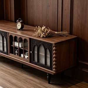 Vintage Gothic Style Wooden TV Stand & <b>Tall</b> <b>Cabinet</b> Set with Glass Doors for Living Room - Product Image 3