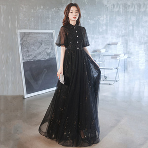 Black Evening Gown Women A-Line Chiffon Stand Neck Long Sleeve Elegant Formal Dress For Arts Exam Vocal Music Student Host - Product Image 3