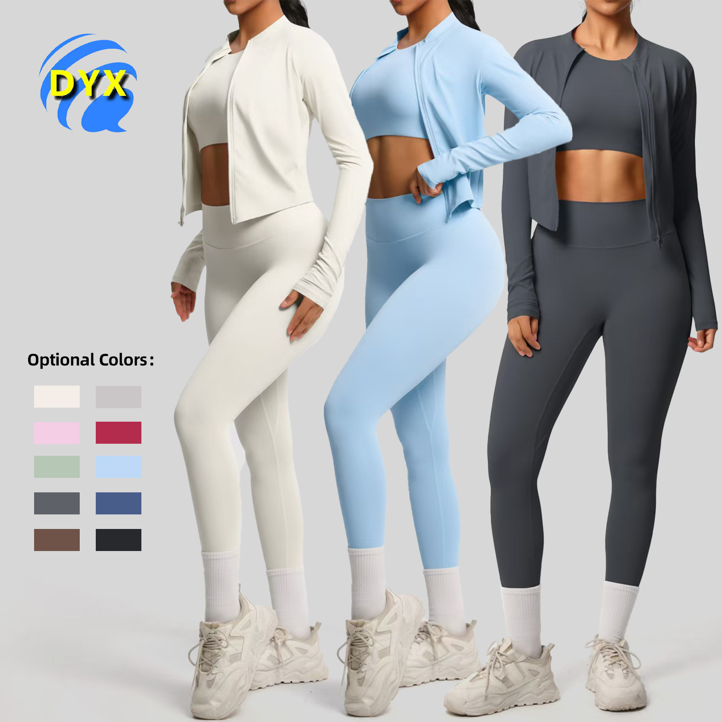 Women's Fashion Active Wear Fitness Skinny 3-Piece Gym Sports Yoga Set Quick Dry Breathable Elastic Waist Front Logo Solid