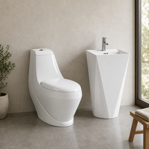 Set Lavabo a Colonna e WC con Scarico a Pavimento, Corpo Quadrato con Faccia Lunga Diagonale per Bagni Piccoli e Hotel - Product Image 1